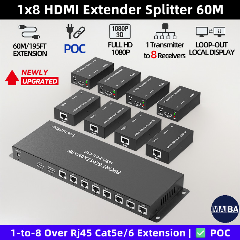 ใหม่ 1x8 HDMI Extender Splitter 60M 195ft 1-to-8 Over Rj45 Cat5e/6 Cable HDMI Splitter Extension with Loop-out Support POC