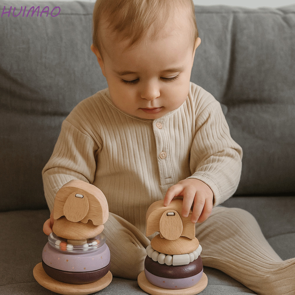 HUIMAO บล็อกสัตว์ของเล่นเพื่อการศึกษา,ไม้Stackable Baby Pole Stackของเล่น,เด็กStacker Nesting Montes