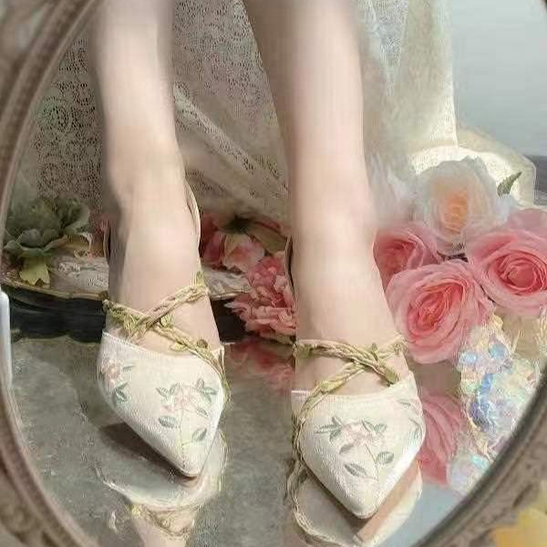 Cheongsam Shoes Embroidered Pointed Stiletto Heel High Heels French Style Fairy Style Closed Toe San