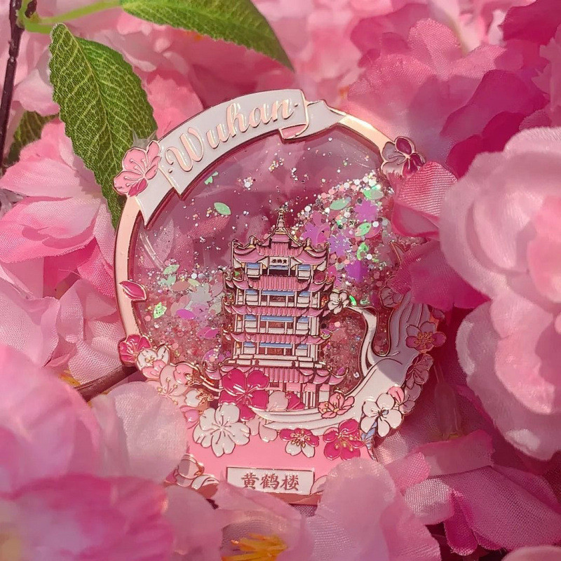 Huanghelou Glitter โลหะตู้เย็นสติกเกอร์คอลเลกชัน Wuhan Cherry Blossom Season Wuhan คอลเลกชันของที่ระ