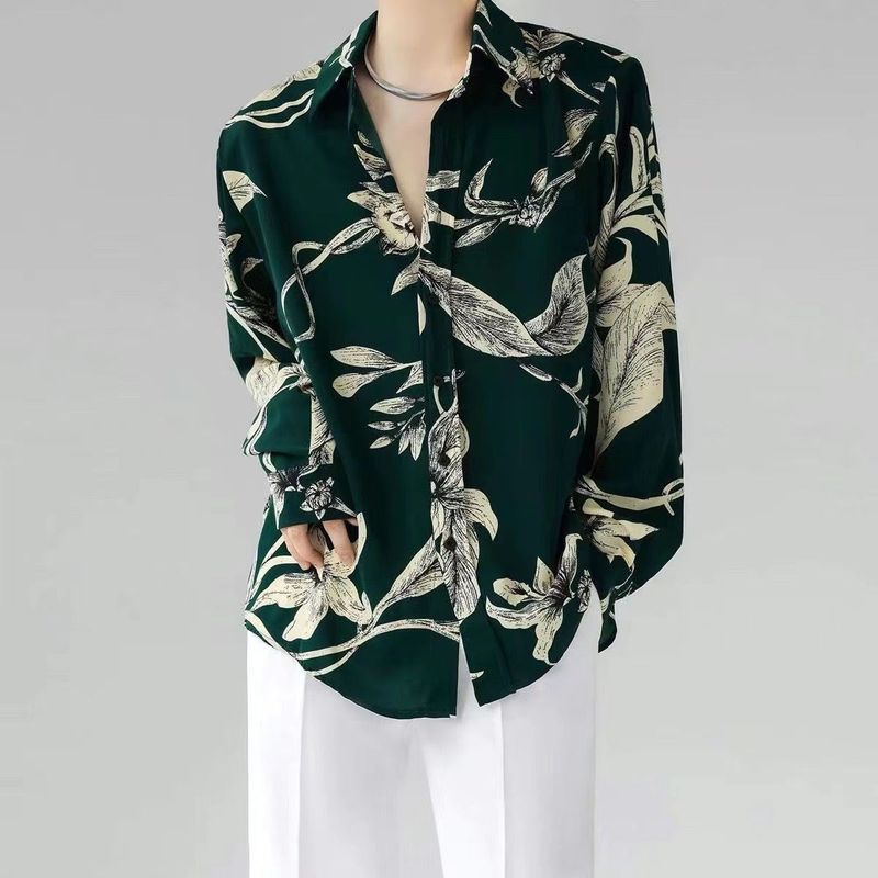 ท็อปส์ (ท็อปส์)/เสื้อ ( ส) ในคําแนะนําสินค้า······~2025 โดปามีน สบายๆอัลตร้าแสงบางดอกไม้หล่อ ผอมลง ดูพิมพ์เสื้อเชิ้ตแขนยาวผู้ชายสไตล์ฮ่องกง