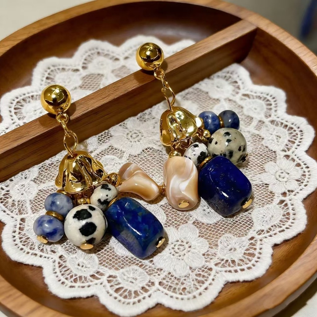 ต่างหูพู่จี้คริสตัลลายจุดหิน Lapis lazuli