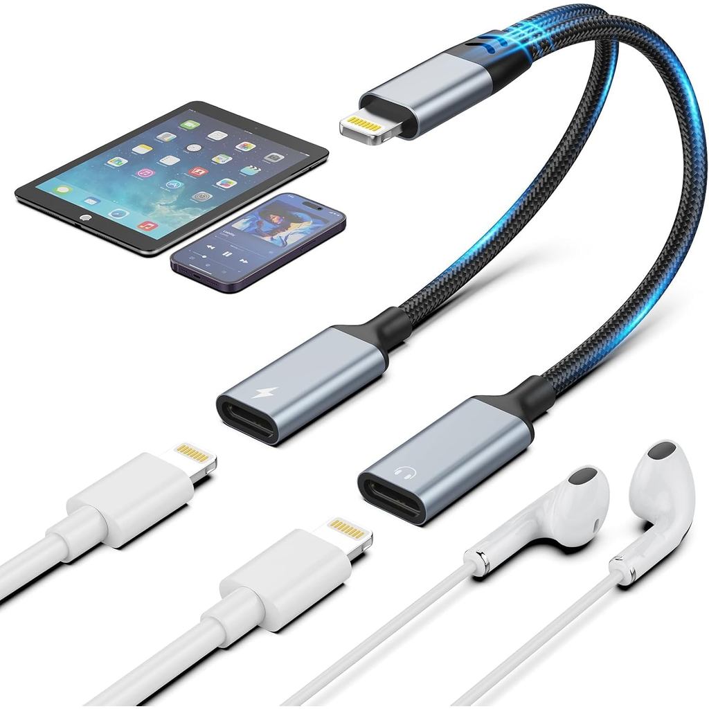 [ได้รับการรับรอง Apple MFi] อะแดปเตอร์ iPhone Lightning เป็น 2 Lightning, Dual Lighting AUX + อะแดปเ