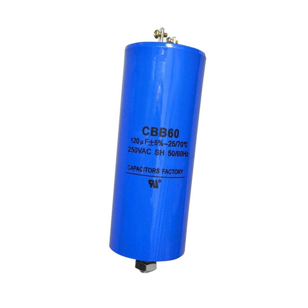 250VAC 120uF Run Capacitor CBB60 250V AC 120MFD 120 uF MFD, 50x123mm Blue w/Fixing Stud SH 25/70/21 
