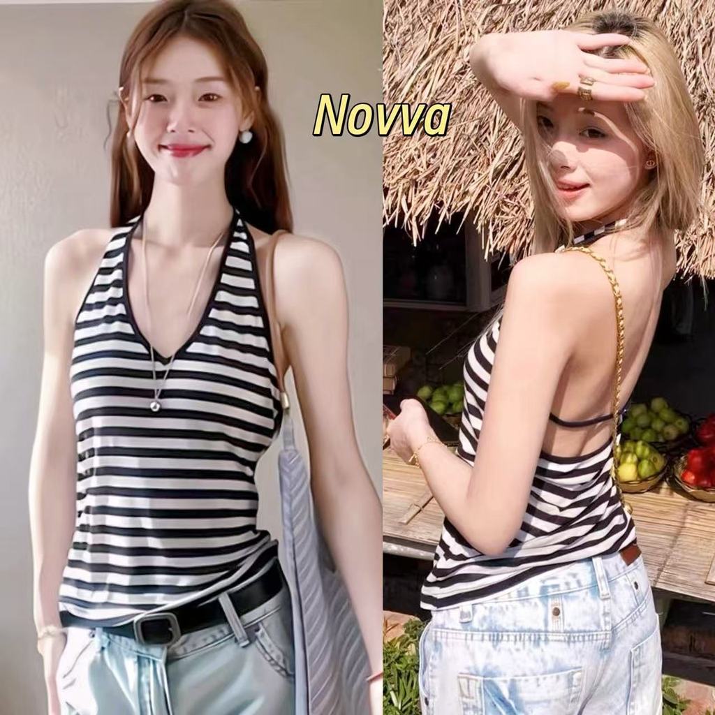 ส่งไวจากไทย ส่งจากไทย เสื้อแขนกุด ลายทาง คล้องคอ น่ารักเซ็กซี่ ใส่สบาย Novva