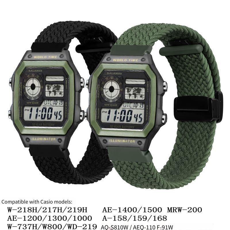 เหมาะสําหรับ Casio สี่เหลี่ยมเล็ก W-218H AE1200 F91 AQS810 ไนลอนถักพับหัวเข็มขัดแม่เหล็ก 18 มม.