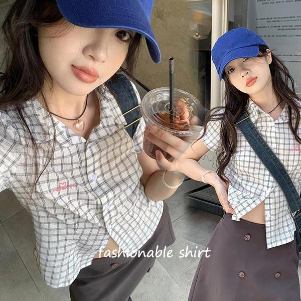 mimi&didi#เสื้อเชิ้ตแขนสั้นลายสก็อต สำหรับผู้หญิง ใส่หน้าร้อน สไตล์เรโทรคันทรี ดีไซน์เฉพาะ ท็อป น่ารักและหวาน#W711