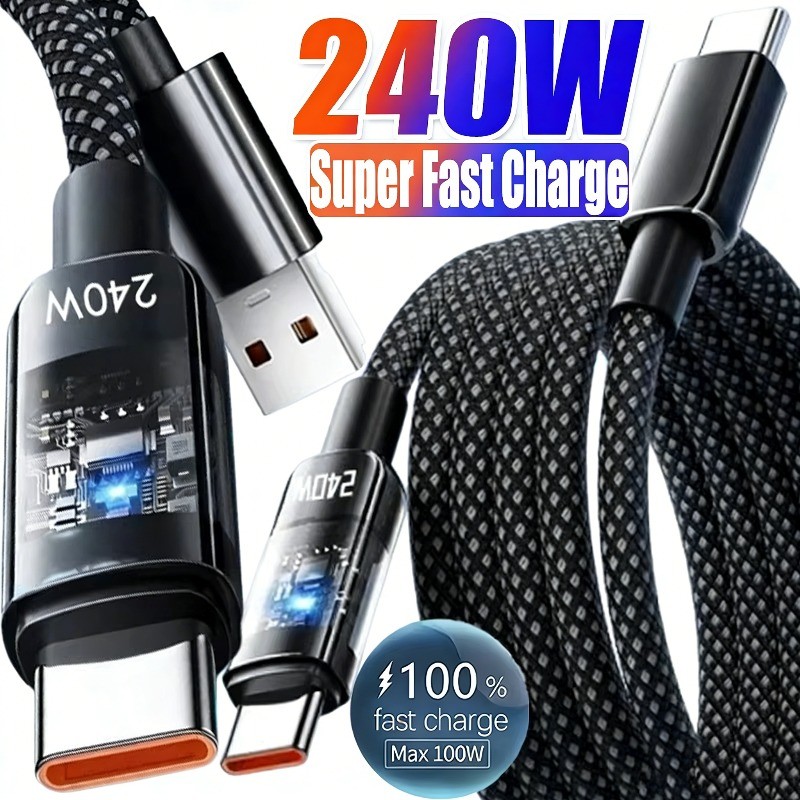 USB To Type C สายชาร์จเร็วสําหรับบ้าน/ท่องเที่ยว - 240W สายไฟข้อมูลเปล่งแสงโปร่งใส - ถักเปียไนลอน หลายความยาว