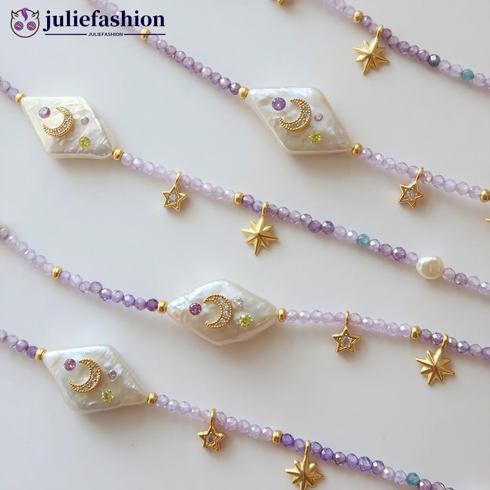 JULIEFASHION ประณีตลูกปัดสีม่วง Choker Zircon Star Moon พู่ Baroque ปลาสร้อยคอสั้น Vintage Aesthetic