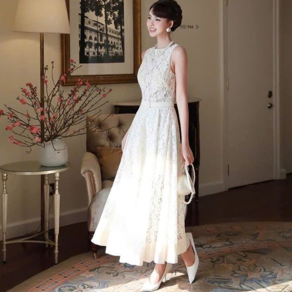 Nn80ชุดเดรสปาร์ตี้ตัดเย็บสําหรับงานแต่งงานและเท็ต-ชุดเดรสลูกไม้สีครีมสําหรับงานปาร์ตี้อ่อนเยาว์มาตรฐ