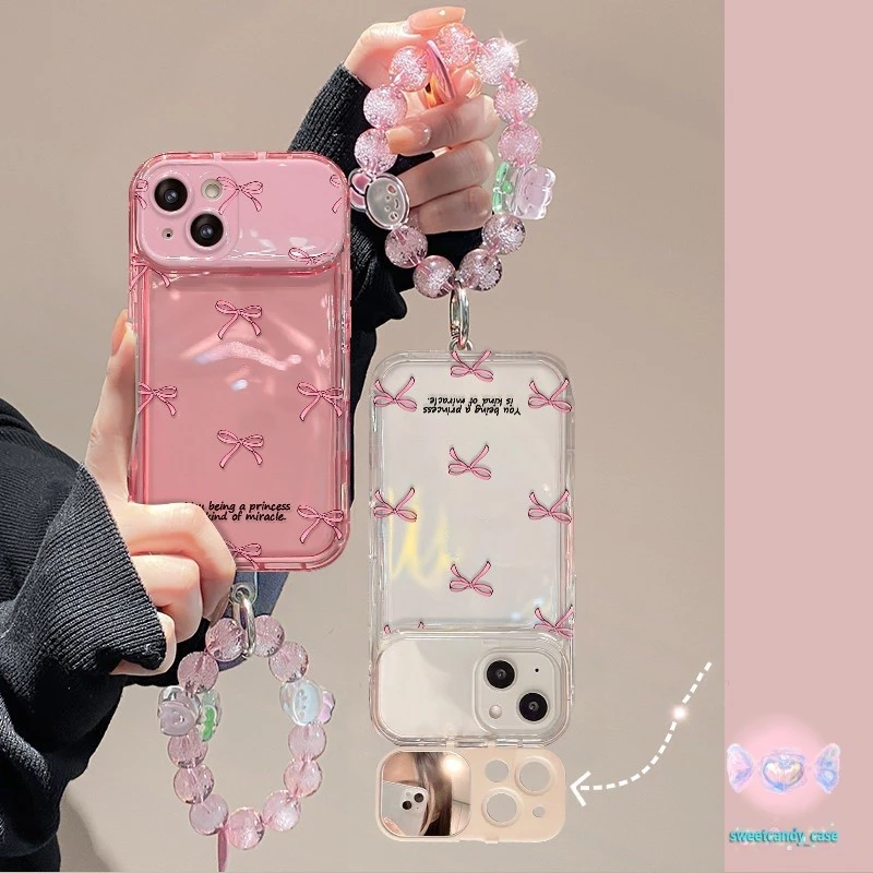[จัดส่งในพื้นที่] เคสโทรศัพท์กระจกแต่งหน้าโบว์สีชมพู สำหรับไอโฟน For iPhone16 14 15 11 13 12Pro ProMax 7 8 Plus X XR XS