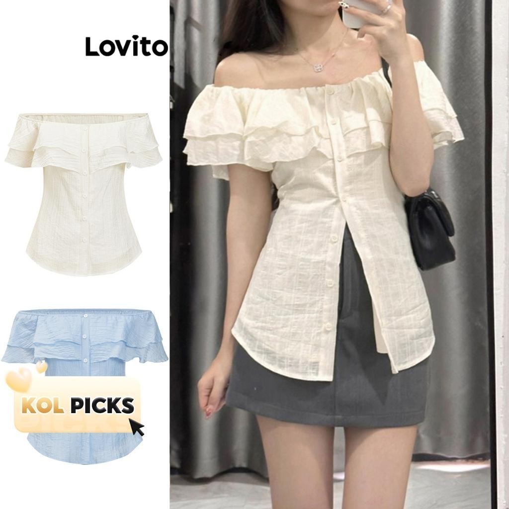 (KOL‘s pick) Lovito เสื้อเบลาส์ผู้หญิง มีกระดุม แต่งระบาย สีพื้น สไตล์ลำลอง L79AD128(หลากสี)