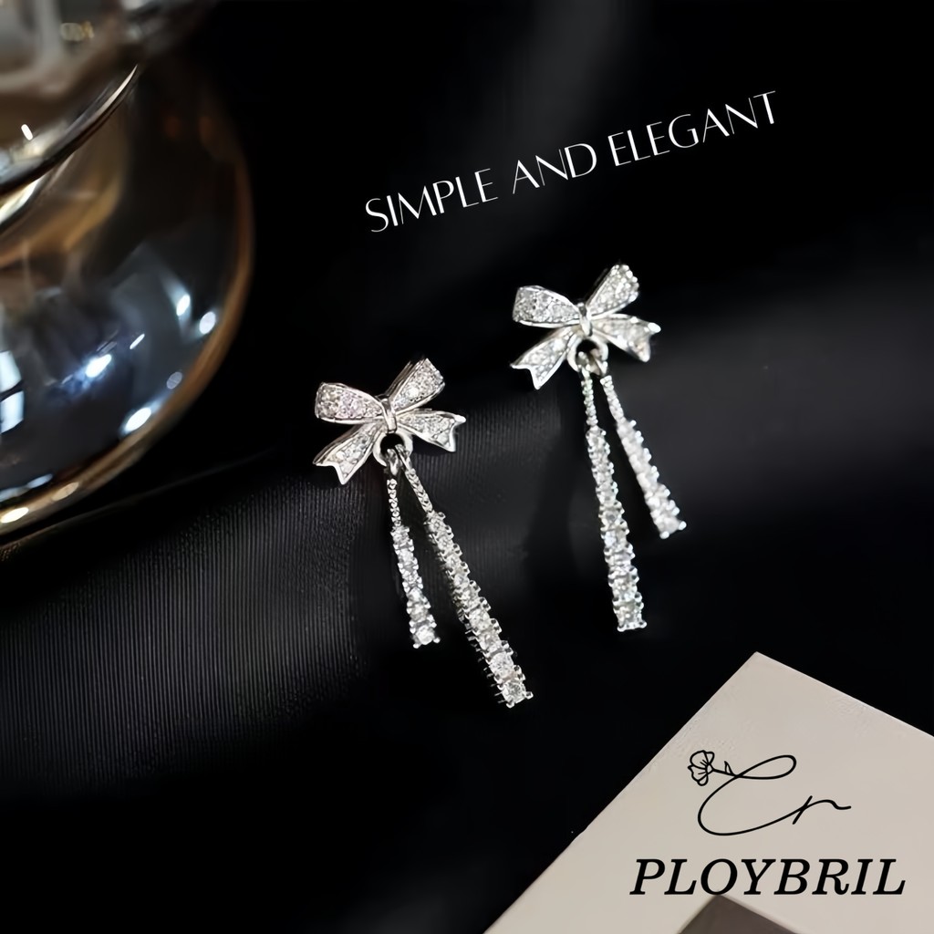 PLOYBRIL✨ตุ้มหูเงินแท้ Sway Bow ต่างหูยาว จี้โบว์ ต่างหูเพชร ต่างหูแฟชั่น ตุ้มหูเงิน ต่างหูสตรี E060