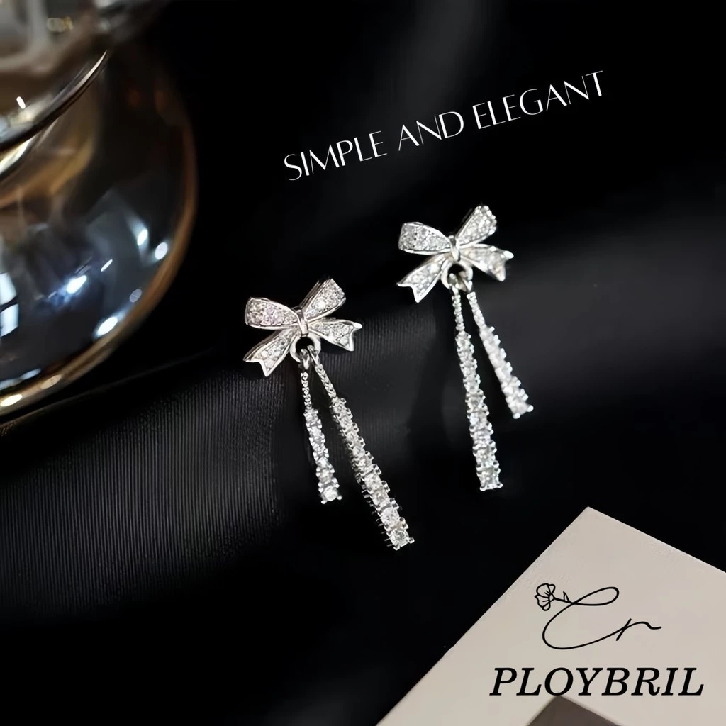PLOYBRIL✨ตุ้มหูเงินแท้ Sway Bow ต่างหูยาว จี้โบว์ ต่างหูเพชร ต่างหูแฟชั่น ตุ้มหูเงิน ต่างหูสตรี E060