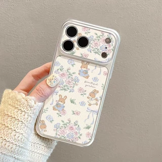 สําหรับ IPhone 17 16 15 14 Plus 13 12 11 Pro Max X XR XS Max ดอกไม้กระต่ายน่ารักเงินหน้าต่างขนาดใหญ่หนังเคสโทรศัพท์ปกอ่อน