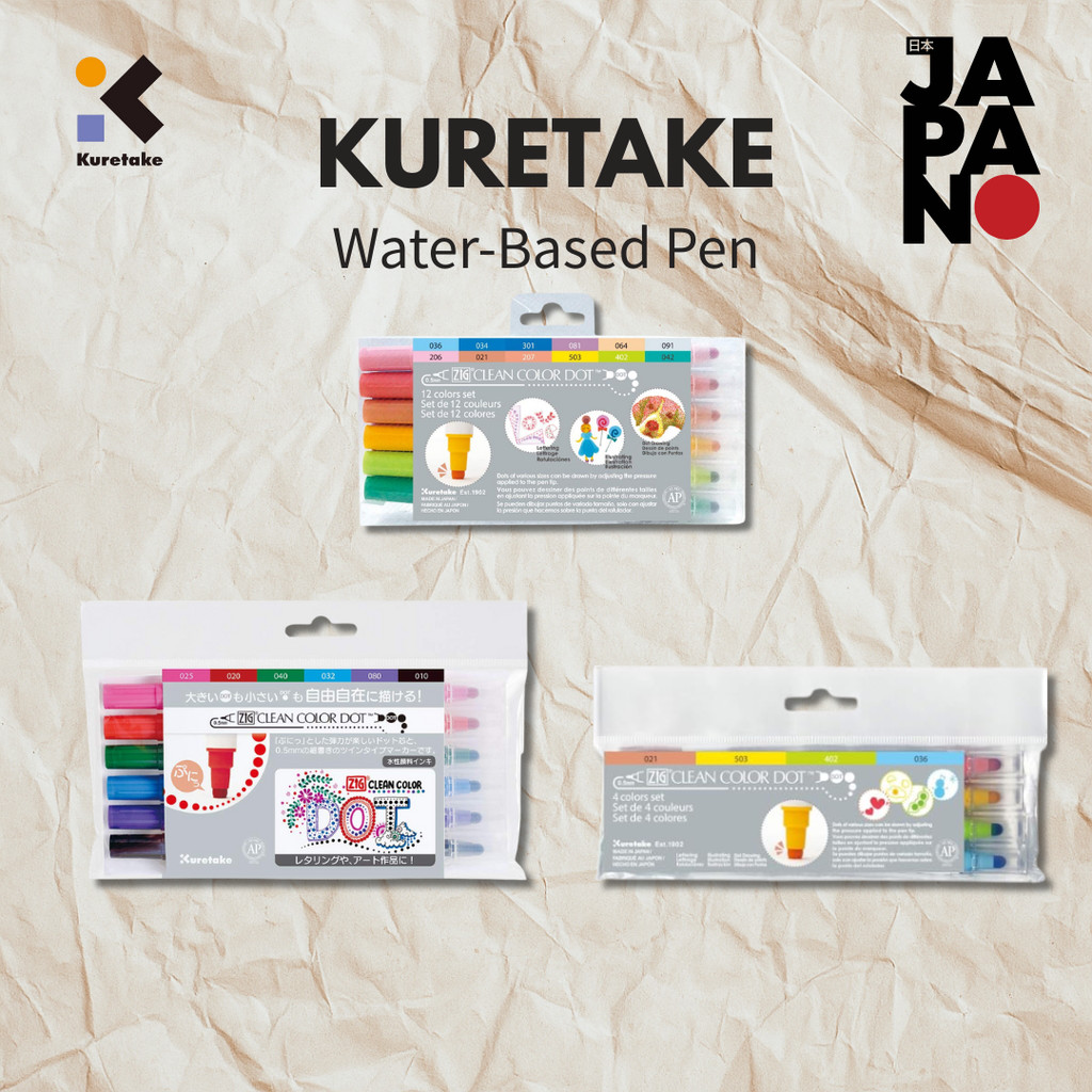 Kuretake Water-based Pen ZIG Clean Color Dot 4 Colors TC-6100/4V  
Kuretake Water-based Pen ZIG Clean Color Dot 12 Colors TC-6100/12V  
Kuretake Water-based Pen ZIG Clean Color Dot 6 Colors TC-6100/6V
