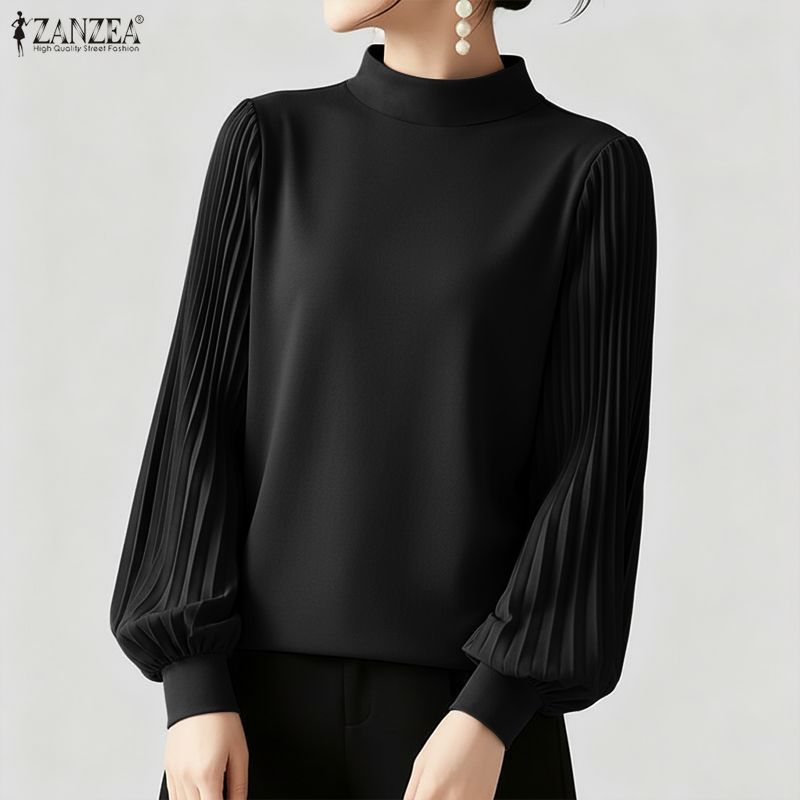 ZANZEA สเวตเตอร์สไตล์เกาหลีหรูหรา ดีไซน์ยืนปกแขนโคมไฟจีบประกบ — صورة 4