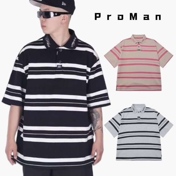 PROMANเสื้อโปโลผู้ชายสีตัดต่อ ลายทาง สไตล์อเมริกันวินเทจ oversize ใส่ได้กับทุกแบบ