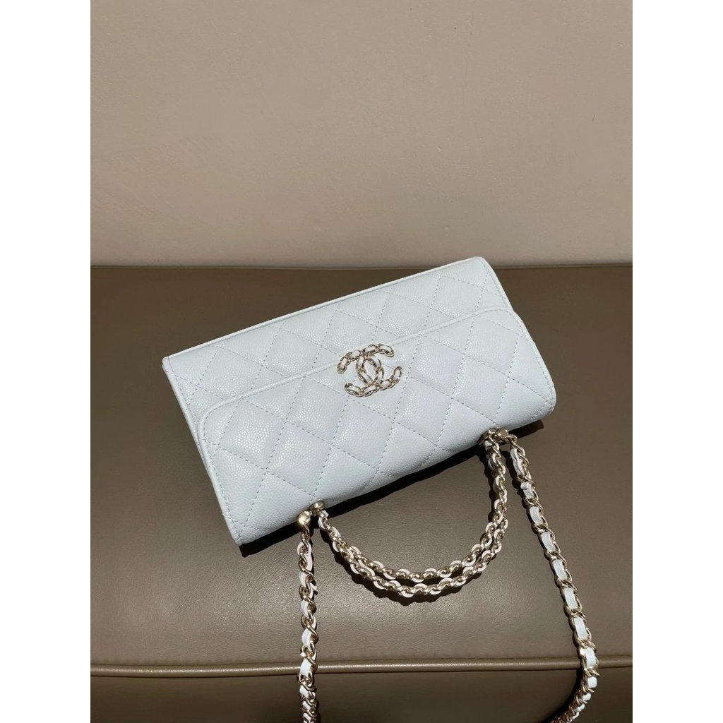 CHANEL {ไอศกรีมเกลือทะเล KELLY 25SS สีใหม่ baby blue KELLY Bag สีฟ้าอ่อนเพชรกระเป๋าโซ่กระเป๋า Messen