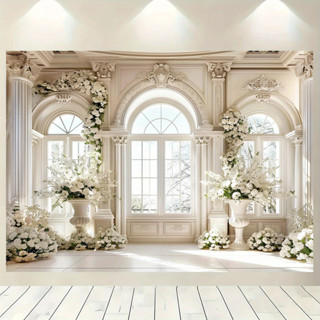 พื้นหลังการถ่ายภาพหน้าต่างปราสาทหรูหราออกแบบดอกไม้เหมาะสําหร…