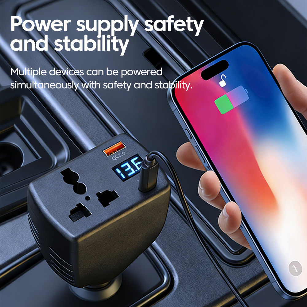 150W รถอินเวอร์เตอร์ DC 12 V/24 V to AC 220 V ปฏิบัติบุหรี่ไฟแช็กอะแดปเตอร์ QC3.0 USB Fast Charger - รูปที่ 6