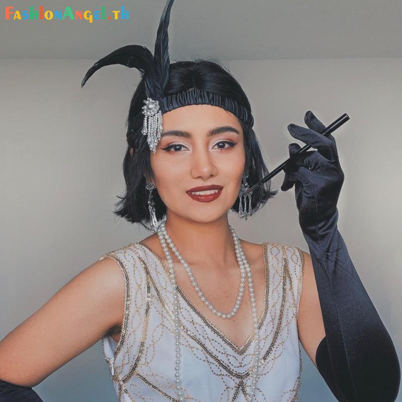 FAngel ผู้หญิงสีดําอุปกรณ์เสริมผมลูกปัดผม 1920s Retro Single Party สุภาพสตรี Headwear Dress UP TH
