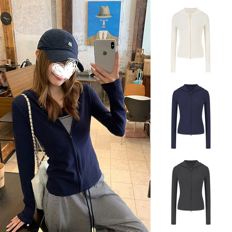 Moses Queen/Moss Queen ด้านหน้าไหล่ Hooded Double Zipper เสื้อสเวตเตอร์ถักผู้หญิง All-Match Top Deni