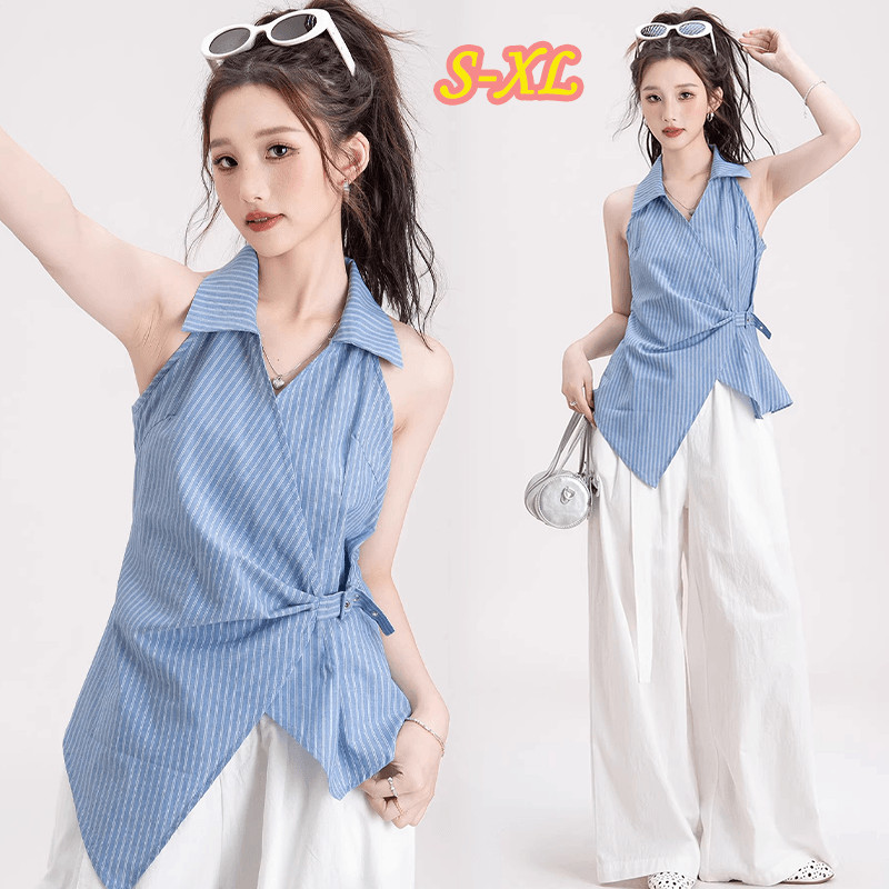 99161 เสื้อกล้ามแขนกุดลายทางแบบผูกเอวไม่เท่ากันแบบใหม่ มีปก เหมาะสำหรับฤดูร้อน มีให้เลือกสีฟ้าและสีขาว สไตล์เรโทรเซ็กซี่