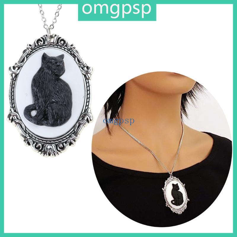 OMG Gothic Oval-Frame Pendant Necklace Unique Black Cat Cameo Necklace-Mystic