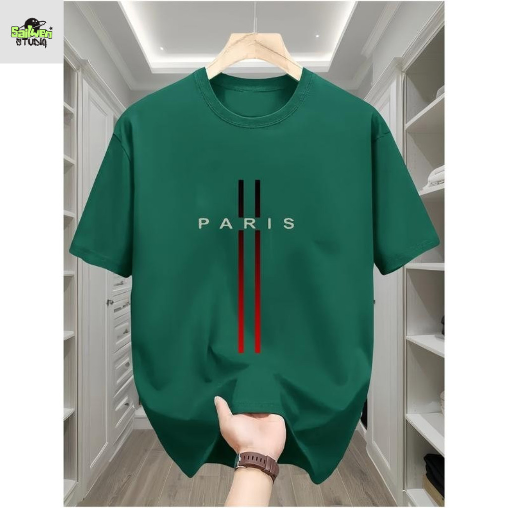เสื้อยืดแขนสั้นสไตล์เกาหลีเรียบง่ายสำหรับผู้ชาย ดีไซน์ทันสมัยรับซัมเมอร์นี้ พิมพ์ลายตัวอักษร "PARIS"