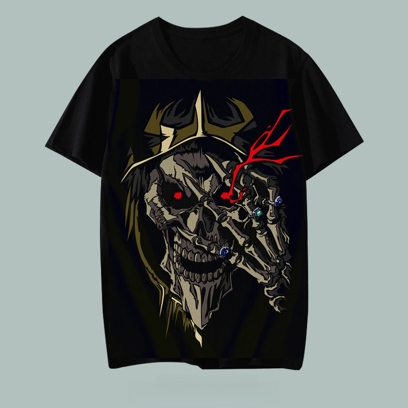 Overlord อะนิเมะเสื้อยืดแขนสั้นการ์ตูนญี่ปุ่น King of the Undead Anz Urgong พิมพ์เสื้อยืดสีดํา