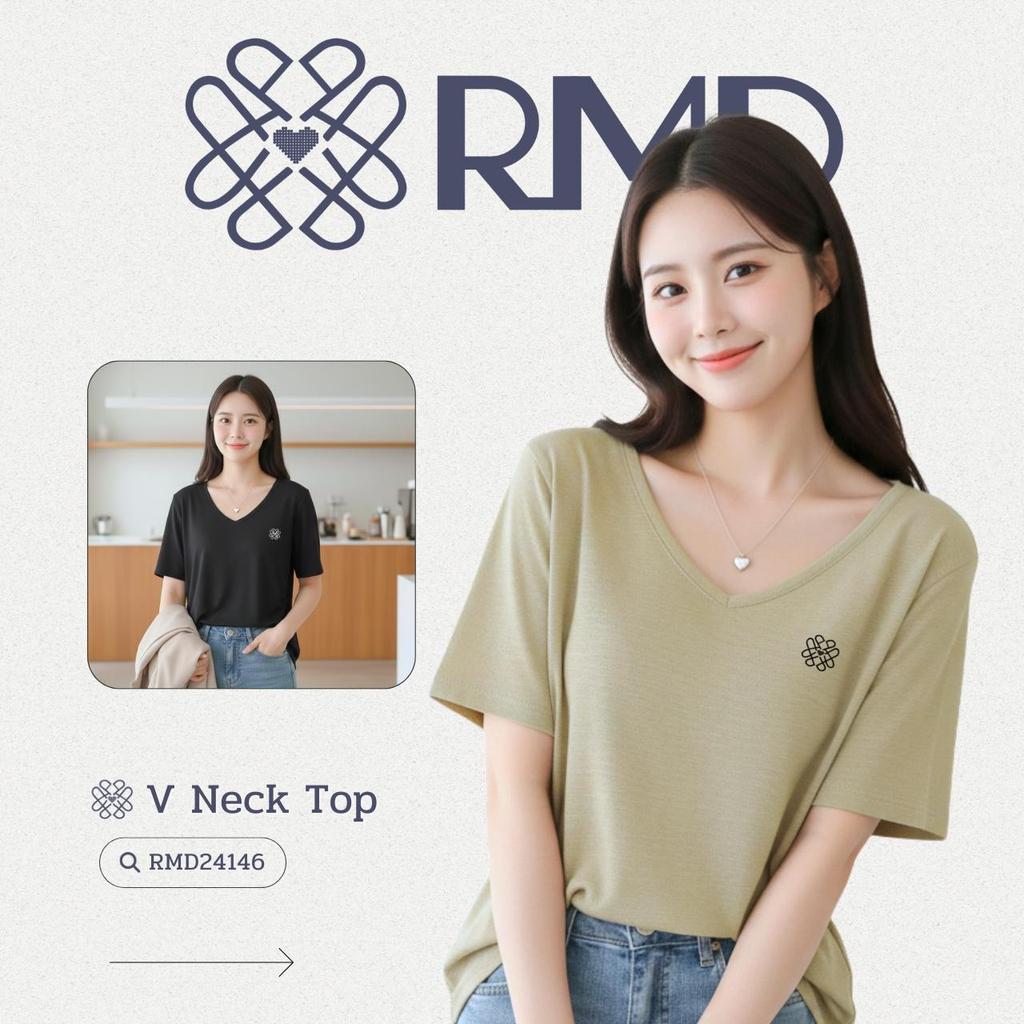 ℝ𝕄𝔻 𝕆𝕟𝕝𝕚𝕟𝕖 𝕊𝕥𝕠𝕣𝕖™ เสื้อยืดแขนสั้นคอวี ผ้าคอตตอนบางเบา อกปักโลโก้ RMD