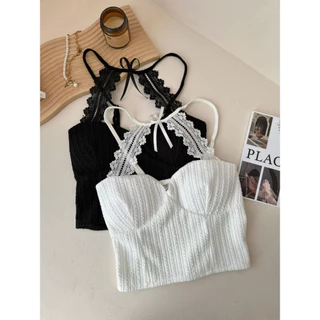 Mini shop🌸พร้อมส่ง🌸(FY2907)เสื้อลายเดี่ยว ดีเทลแต่งคล้องคอเพิ่ม สไตล์สาวเกาหลี เสริมฟองน้ำ