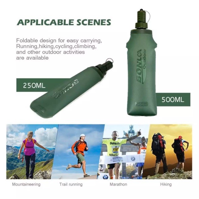 🏃🏻🧗🏻‍♂️🚴ขวดน้ำซิลิโคนแบบพับได้ ขวดน้ำวิ่งแบบนิ่ม 250ml, 500ml สำหรับเดินป่า/ตั้งแคมป์/วิ่งเทรล/cycli