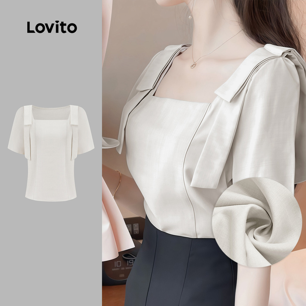 Lovito เสื้อเบลาส์ผูกโบว์สีพื้นลำลองสำหรับผู้หญิง L128ED926