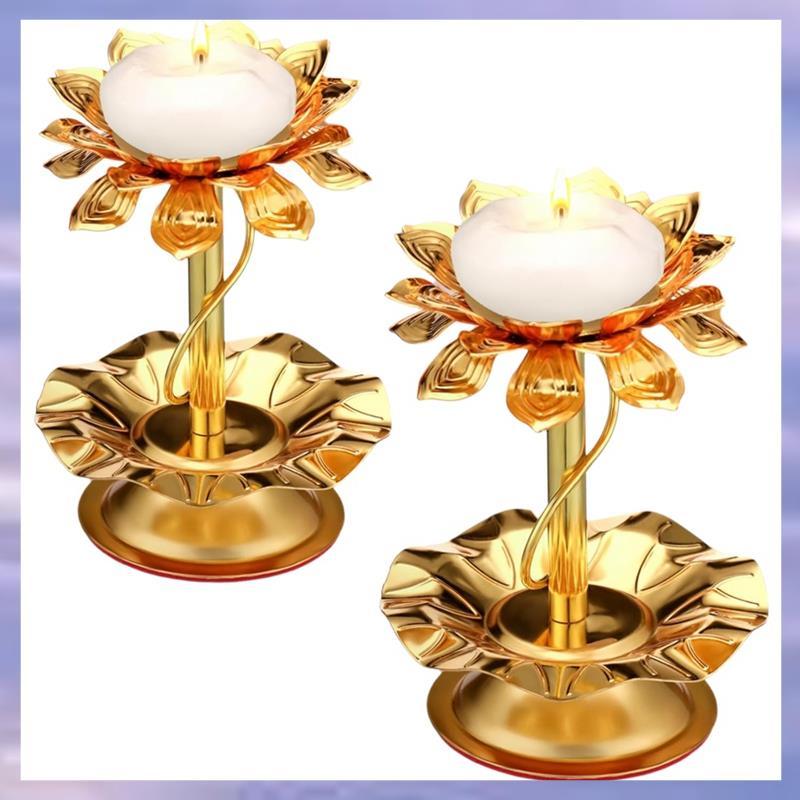 โลหะ Diya 2 ชิ้นสําหรับ Diwali Lotus เชิงเทียนสําหรับ Diwali Pooja Ghee โคมไฟเชิงเทียนตกแต่งอินเดีย