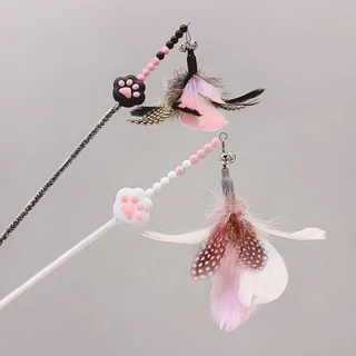 การออกแบบรอยเท้าน่ารัก Feather Teasing Cat Rod Stick ของเล่น Interactive Teaser สําหรับลูกแมว
