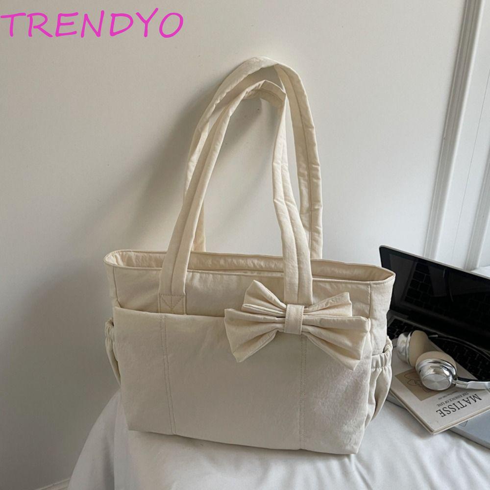 TRENDYO Bow Tote Bag กระเป๋าสะพายผ้าฝ้ายและไนลอน สไตล์เกาหลี ความจุใหญ่ สำหรับสุภาพสตรี
