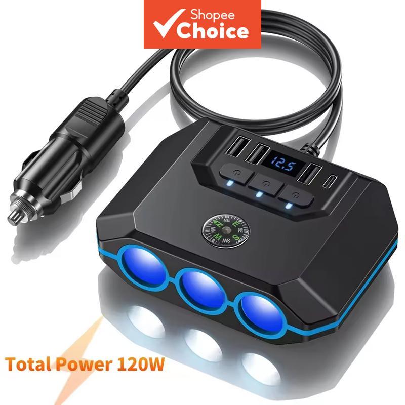 อะแดปเตอร์รถยนต์ 24V/12V ช่องแบ่ง 3 ช่อง ที่ชาร์จในรถยนต์ ชาร์จเร็ว จอแสดงผลแรงดันไฟฟ้า LED PD20W และพอร์ต USB 4 ช่อง