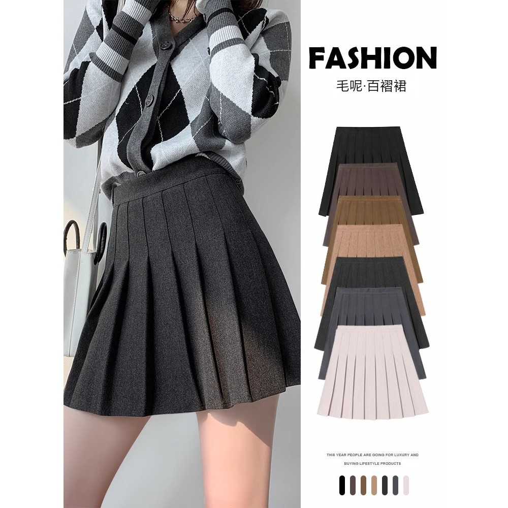 黑色毛呢百褶裙女秋冬款高腰显瘦防走光jk半身裙加厚a字短裙Black Woolen Pleated Skirt Women's Autumn and Winter High Waist Slimmin