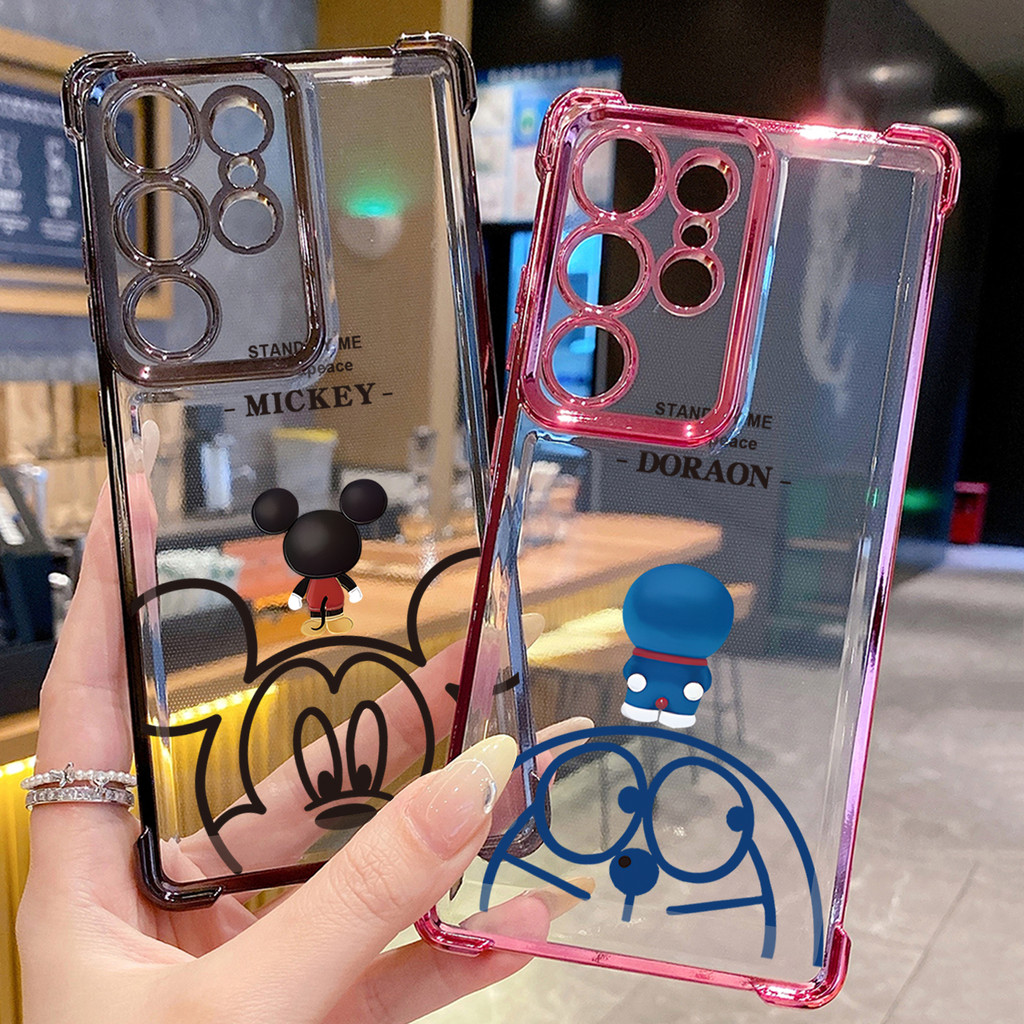 เข้ากันได้กับ Samsung Galaxy S25 S24 S23 Ultra S22 Plus S21 FE S20 Doraemon Mickey Clear Plating Case Anti Drop Cover FD