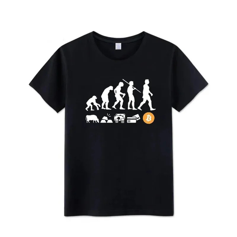 มัสค์ สกุลเงิน วิวัฒนาการเดียวกัน Bitcoin BTC เสื้อยืดแขนสั้นผู้ชายลายเหรียญ Bitcoin เสื้อผ้าผ้าฝ้าย