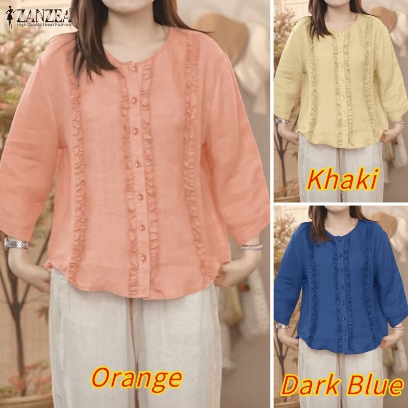 ZANZEA เสื้อลายแพตช์เวิร์คและรัฟเฟิล สไตล์เกาหลีสำหรับผู้หญิง มีปุ่มด้านหน้า แขนสั้น 3/4 — صورة 3