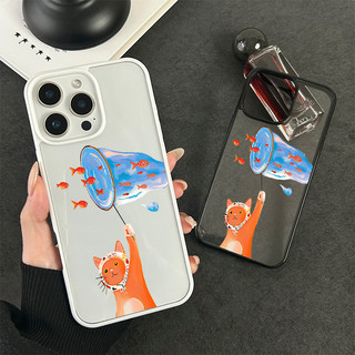 เคสโทรศัพท์ สำหรับ iPhone 11 13 16 ProMax 17 Case iPhone 13 14 15 ProMax 12 13 ProMaxแมวสีส้มตกปลา อะคริลิค 2 in 1 การ์ต