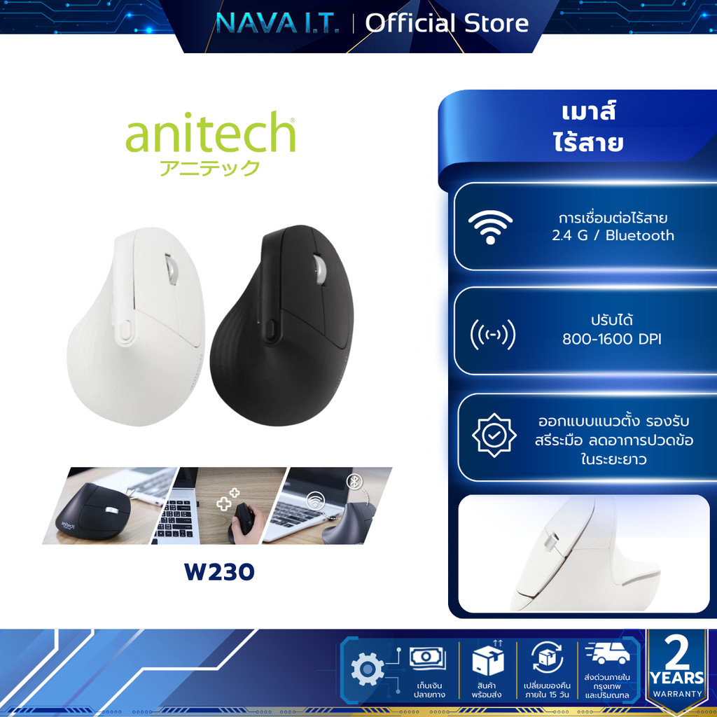 ANITECH W230 ERGONOMIC DESIGN WIRELESS MOUSE เมาส์ไร้สาย เมาส์เพื่อสุขภาพ รองรับสรีระมือ