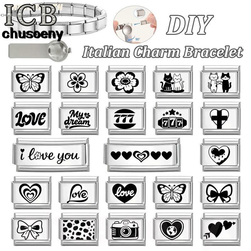 ดอกไม้สีดําตัวอักษร777หัวใจอิตาลีเสน่ห์สร้อยข้อมือพอดี9มิลลิเมตรสร้อยข้อมือสแตนเลส ทําเอง เครื่องประ