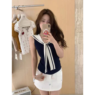 Vogue🌟พร้อมส่ง🌟 เสื้อแขนกุดคอปก แต่งเน็กไท ตัดกับสรเสื้อ ดีเทลเก๋ๆ ยืดตามตัว (FY10181)