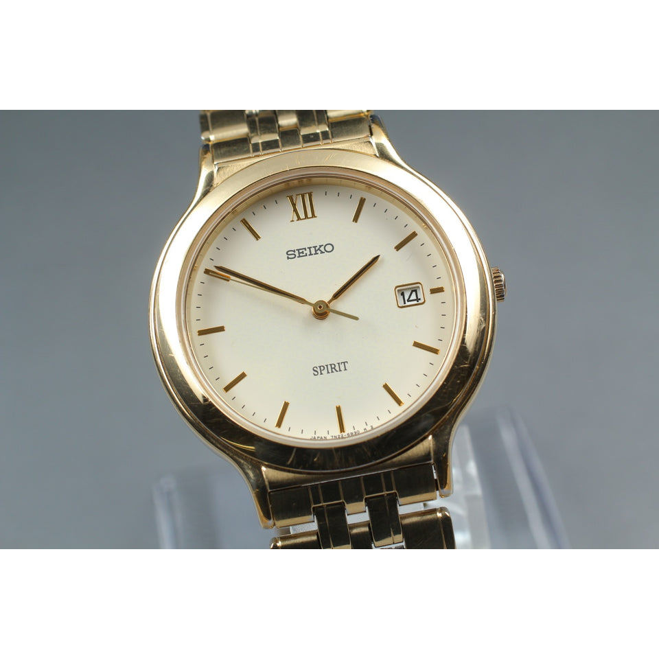 Vintage 1994 [N MINT] Seiko Spirit 7N22-6A80 Gold Roman Date 34mm Qz Men's Watch