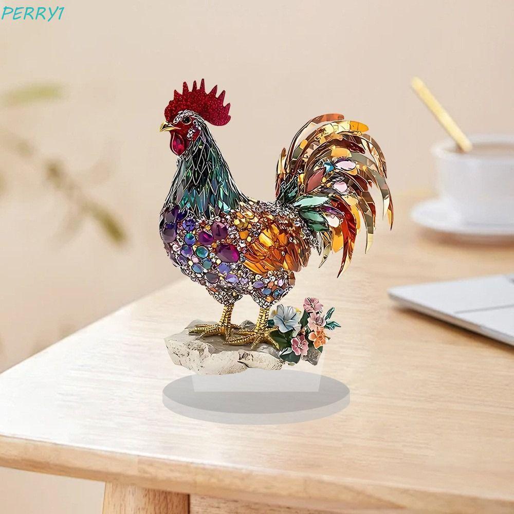 PERRY เครื่องประดับรูปปั้นสัตว์, เครื่องประดับไก่สร้างสรรค์อะคริลิค, งานฝีมือ 2D แบนประณีตสีสัน Miniatures ตุ๊กตาประติมากรรม Party