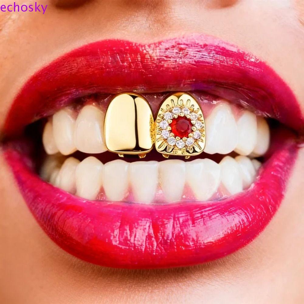 ECHOSKY Hiphop ฟัน Grillz, หมวกฟันที่ถอดออกได้ ที่มีเพชรและลายดอกไม้ เครื่องประดับฟันสไตล์ฮิปฮอปสำหร
